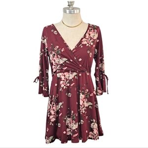 Rhapsody Maroon Short Mini Dress Size Large Bell Sleeves Wrap Top